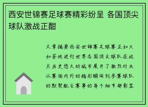 西安世锦赛足球赛精彩纷呈 各国顶尖球队激战正酣