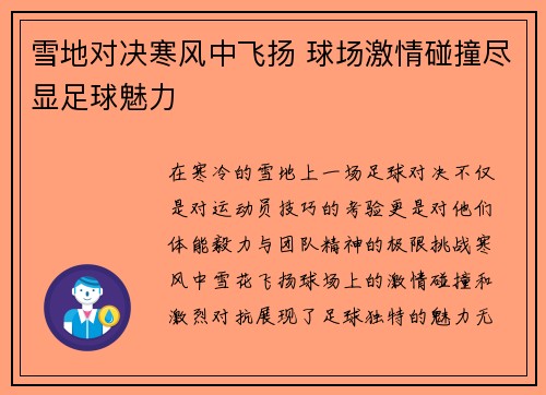 雪地对决寒风中飞扬 球场激情碰撞尽显足球魅力