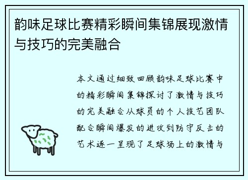 韵味足球比赛精彩瞬间集锦展现激情与技巧的完美融合