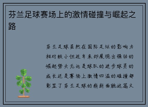 芬兰足球赛场上的激情碰撞与崛起之路