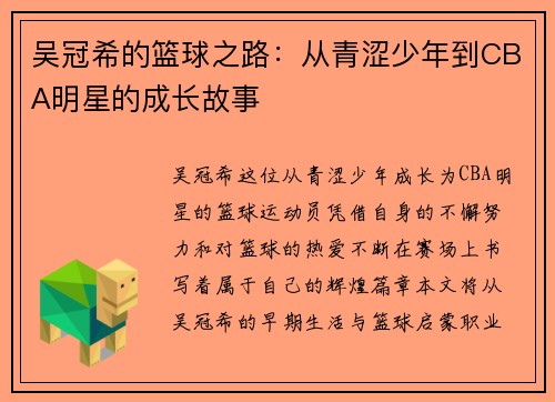 吴冠希的篮球之路：从青涩少年到CBA明星的成长故事