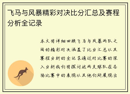 飞马与风暴精彩对决比分汇总及赛程分析全记录