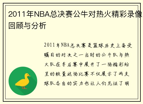 2011年NBA总决赛公牛对热火精彩录像回顾与分析