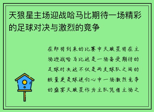 天狼星主场迎战哈马比期待一场精彩的足球对决与激烈的竞争