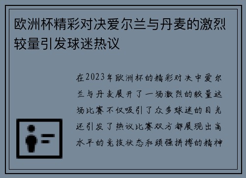 欧洲杯精彩对决爱尔兰与丹麦的激烈较量引发球迷热议
