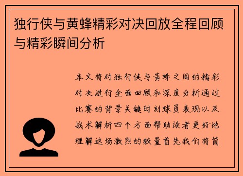 独行侠与黄蜂精彩对决回放全程回顾与精彩瞬间分析