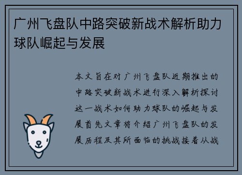 广州飞盘队中路突破新战术解析助力球队崛起与发展